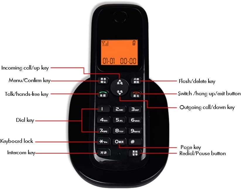 HOUKAI 1 Sistema telefônico de atendimento sem fio com identificação de chamadas, backlit LCD laranja, botões luminosos