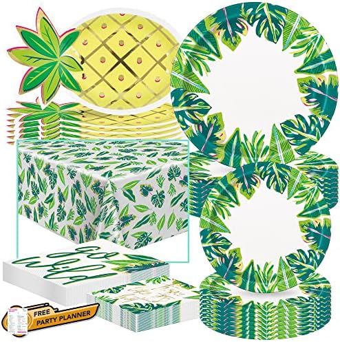 Festas de verão exclusivas Folhas tropicais pacote de utensílios de jantar - 8 pratos em forma de abacaxi, 8 jantar e 8 pratos de sobremesas,