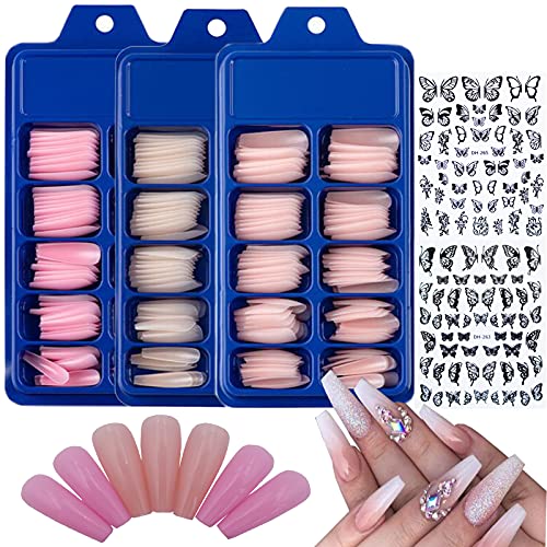 Luckforever 300pc Caixão Pressione em unhas Definir bailarina colorida Falsa unhas falsas dicas de acrílico capa com adesivos de unhas de borboleta decalques para mulheres desenhos de manicure para meninas