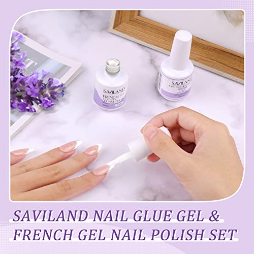 Saviland Kit de manicure francês-4pcs French Tip unha Selow com 2pcs de gel de gel de gel branco e cola de gel 4 em 1 para unhas, kit de estampa de unhas para manicure francês Home Diy Salon de unhas