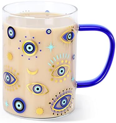 Evil Eye Glass Coffee Cup com maçaneta de vidro de 16 onças para bebidas quentes/frias cappuccino leite café expresso hamsa azul mal olho para proteção caneca caneca resistente ao calor e seguro de freezer