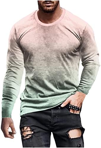 Camisas frias de manga longa masculinas, linha colorida 3D de impressão redonda de camiseta de camiseta do pescoço,