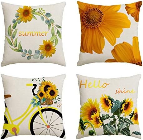 ZLWX Life Watercolor Girassol Decorativo Tampa de travesseiro de 18x18 polegadas Conjunto de 4 Hello Shine Verão Summer Amarelo Floral