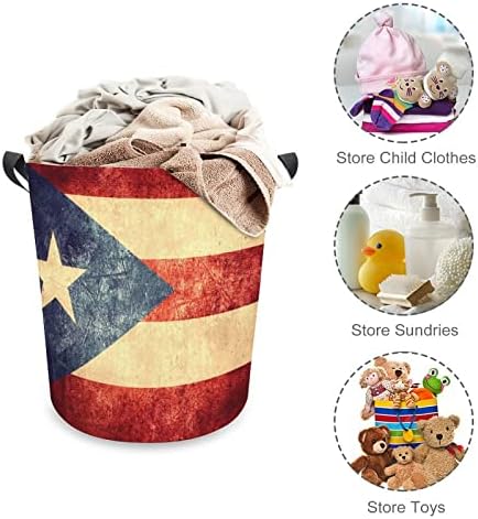 Cestas de lavanderia de bandeira de Porto Rico vintage com alças à prova d'água Roundable Roundable Hampers Storage Bag Organizer