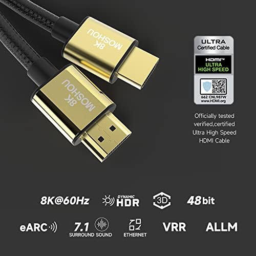 Cabo HDMI 2.1 4K@Certificação de 120Hz 48 Gbps 12 pés/4m, interface de nylon de nylon de 8k de 8k de alta velocidade de alta velocidade suporta 4K@120Hz, 8k@60Hz, Allm, Vrr, HDR, Ear, DTS, PS5, Xbox, Rtx3090, 3080