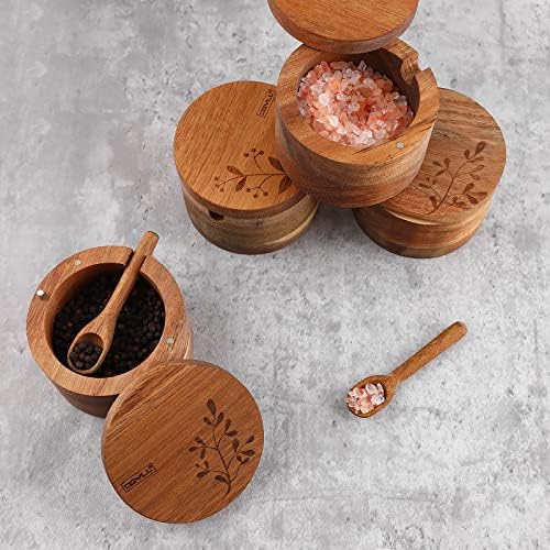 Conjunto de caixas de sal de madeira de Dgyll Acacia, sem colher. Cellar de sal, sal e pimenta com tampa giratória, recipiente de sal com tampa, 6 onças