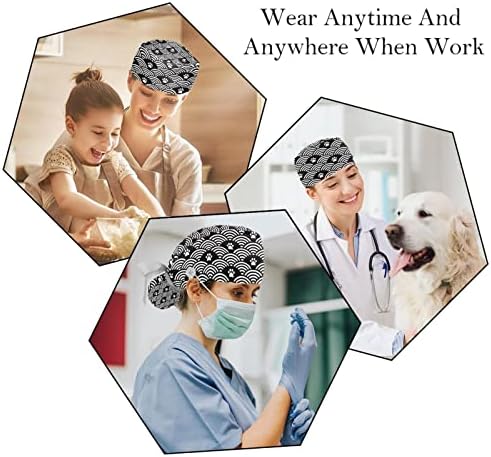 2 PCS Nurse Scrub Caps Cabelo de cabelo comprido, Padrão de onda de pata de cachorro Capinho de trabalho ajustável com botão