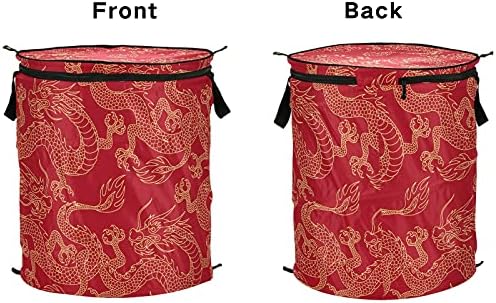 Dragões chineses Red Pop Up Laundry Horty com tampa de cesta de armazenamento dobrável Bolsa de lavanderia dobrável para camping