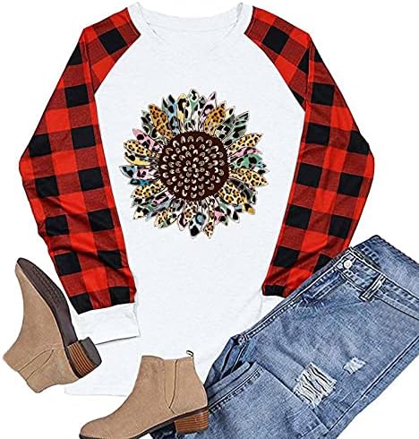 Fashoin Baseball T Camisetas femininas Manga longa Camisa Raglan Christmas Plaid Sunflower Graphic Splicing Top