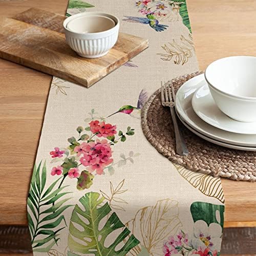 Seliem Summer Tropical Hummingbird Palm Leaf Greenery Table Runner, Spring Birds Home Kitchen Monstera Gerânio Flores