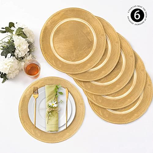 Placas de carregador de ouro de folha de maoname com carregadores de pratos de miçangas de 13 para o prato de jantar, carregadores redondos de plástico para configuração de mesa, conjunto de 6