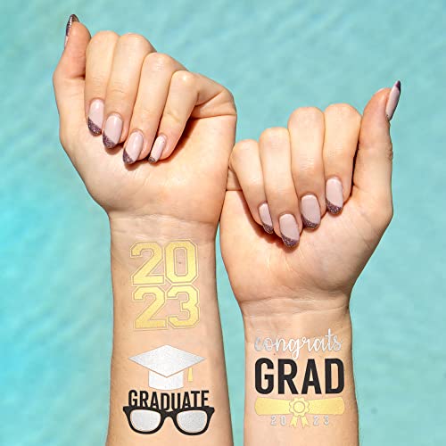 Festa de graduação Supplies 2023 - Classe de 2023 tatuagens temporárias - 24 desenhos metálicos - Graduação do Parabéns | Decorações de graduação, tampa de tamel de graduação, prata e preto dourado