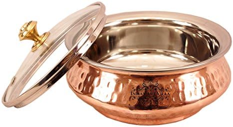 IndianArtVilla Hammered Steel Copper Handi Bowl com tampa de vidro, servindo pratos indianos, utensílios de mesa, 46 oz