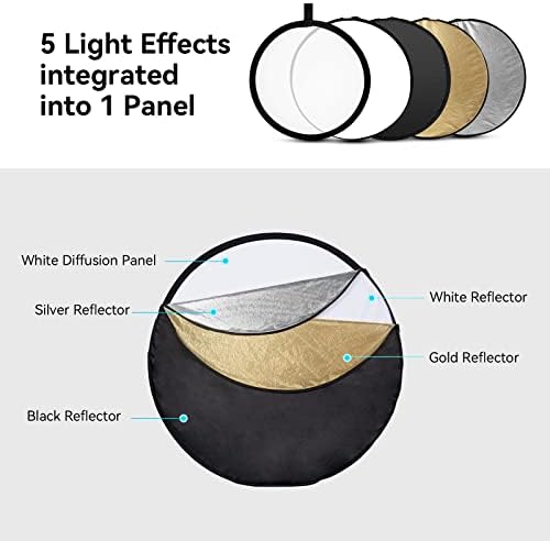 Smallrig 32 Refletor de fotografia 5 em 1 refletor de luz circular dobrável, translúcido, prata, ouro, branco e preto, com