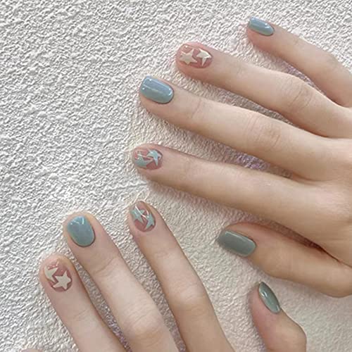 Cola de arte de unhas de estrela azul curta em unhas falsas, manicure artificial de dedos, unhas falsas reutilizáveis ​​pressionam as unhas decoração de manicure para mulheres e meninas 24pcs