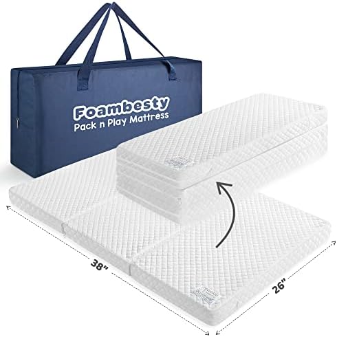 Pacote Tri-Fold Patrocestily FOUMBESTY®, PACTH PACT, PACK PACK E PLAY, Playard Playard Playpen espuma para Baby & Toddlers, Mini Crib Mattress Nap Mat, Inclui bolsa de transporte