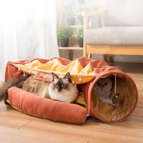Cama de gato do seio, túnel de gato com tapete de almofada, cama de caverna de estimação com 2 bolas de arranhões pendurados, cama