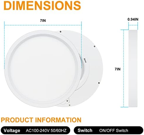 Luminária de teto LED de 7 polegadas, 12W Luz de teto de montagem branca de 5000 km de descarga branca, lâmpada redonda de