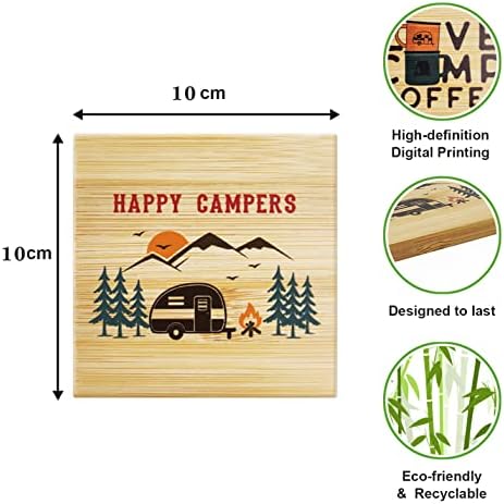 Haigoo Camping Coasters Conjunto de 6, montanha -russa de bambu feliz campista com titular, RV Lover Gifts Square Drink Coasters Adequado para várias xícaras, Friends Home Bar RV Decor Camp Coasters