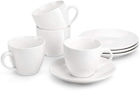 Miware de 7 onças de porcelana Cupccino xícaras com pires - conjunto de 4, perfeito para bebidas de café especial, café com leite, cafe mocha e chá, marfim branco