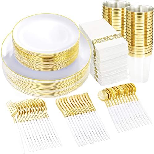 Supernal 350pcs Gold Plastic Dinnerware Conjunto, talheres de plástico dourado com alça branca, placas de plástico branco descartáveis ​​para festa ou casamento, xícaras claras, guardanapos de aro dourado