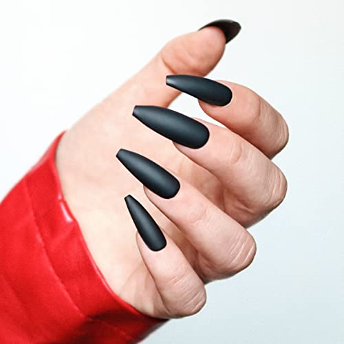 Allkem After Dark Matte Press em unhas | Coffin longo fosco | 10 tamanhos - 20 PCS Ballerina Nail Kit com cola