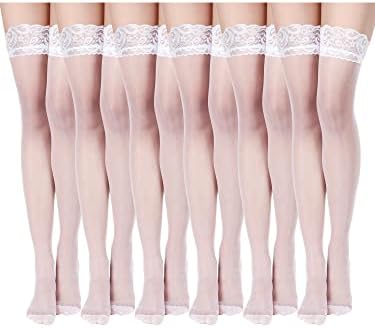 6 pares coxa meias altas meias de renda de renda sedosa semi -pura para mulheres meninas