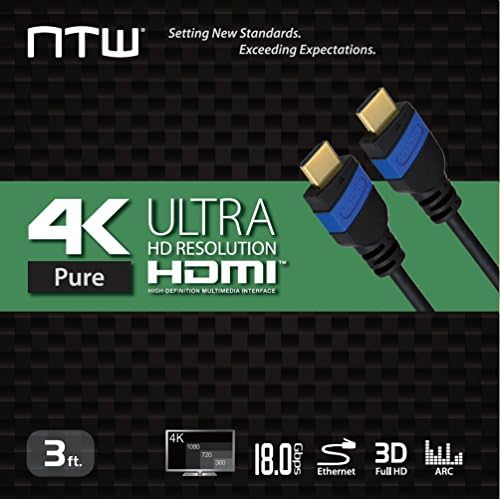 NTW Cabo HDMI Ultra Pure Ultra 4K 3 pés de alta velocidade HDMI 2.0 Cabo, 4K HDR, 3D, 2160p, 1080p, Ethernet - cordão HDMI, Retorno de áudio compatível PS5, PS4/3, TV UHD, Blu -ray, Xbox, PC, Monitor