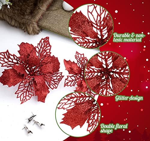 ABSOFINE Poinsettia Artificial Christmas Flower 24 Pacote Flores de glitter vermelho com clipes Ornamentos de árvore de