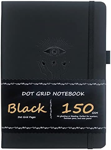 Jornal de Bullet Dotted - Notebook Dot Grid - 150gsm Sem papel preto de sangria - 160 páginas pretas - para mulheres e homens - A5 PU Covernagem de couro 5,75 x 8,5 e caixa de presente