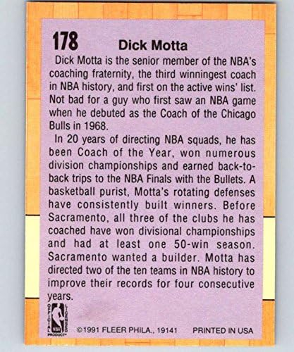 1991-92 Fleer Series 1 Basketball #178 Dick Motta Sacramento Kings Co Official NBA Trading Card
