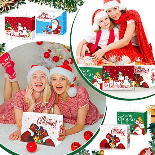 Sepamoon 12 peças Papel de natal sacos de presente grandes natal com 4 desenhos Handles Trate Goodie Wrap for Holiday