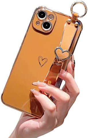 Cutecasee compatível com o iPhone 13 Case, pára-choque de borda de arestão de luxo fofo com pulseira de pulso amorosa de amor Stand TPU Soft Chart Charge para iPhone 13 para mulheres mulheres, Brown