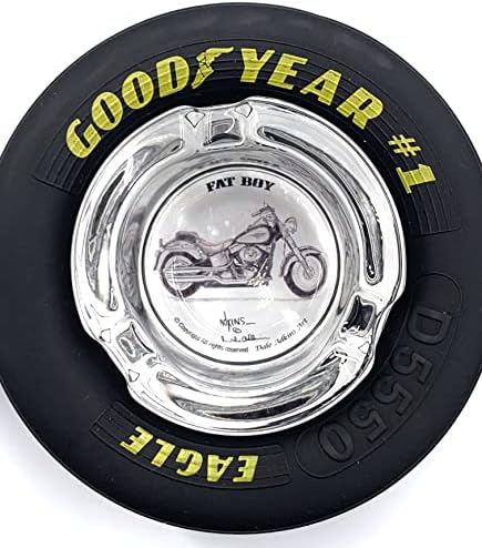 Dale Adkins Art Harley Davidson Fat Boy Motorcycle Glass Ashtray com Borracha Goodyear Eagle Pneu