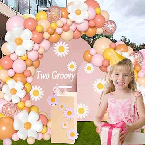 Kit de arco de guirlanda de balão boho, jogams 172pcs groovy balão arco de arco com margarida flor rosa de ouro rosa balões