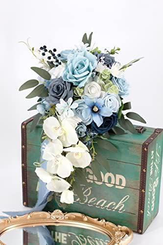 Ansofi Buquês de casamento azul empoeirado para noiva Artificial Rose Flower Cascading Bouquet para cerimônia de casamento,