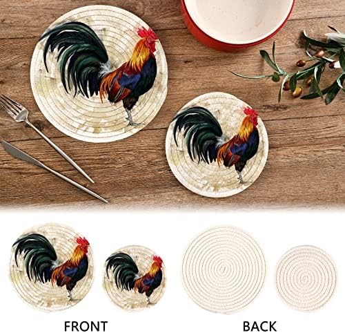 Alaza Rooster Cock Potholders Trivets Conjunto de algodão Hot Pot Pote Definir montanhas -russas de fazenda, almofadas quentes,