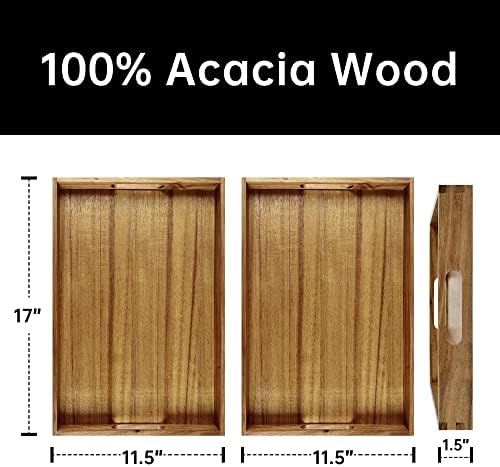 Bandeja de servir de madeira do Kiteiscat Acacia com alças - bandeja de madeira decorativa de 17 polegadas - perfeita para café