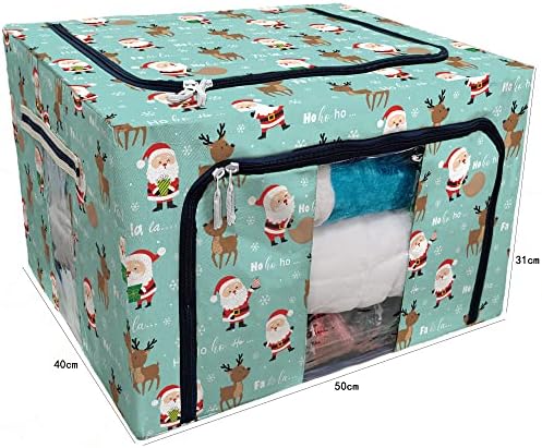 FMSHPON Papai Noel e caixa de armazenamento de renas Caixas de grande capacidade Organizador empilhável com estrutura de metal de aço para roupas de cama, roupas, armários, quartos
