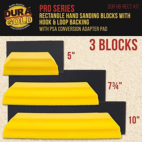Dura-Gold Pro Série Retângulo Lixar Kit de Blocos de Mão com 3 blocos, 5 , 7-3/4 e 10 Conjunto, gancho de gancho e loop e adaptador PSA Pad & 2000 Grit Green Roll, 2-3/4 de largura , 20 metros de comprimento