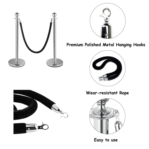 5 pés de veludo pendurado corda de torneira, barreira de corda de controle de multidão com ganchos prateados, corda