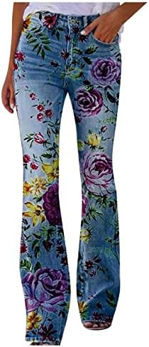 Calças elegantes de jeans florais elegantes calças de cintura alta casual de cintura alta