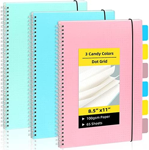EOUT 3 Pack notebook espiral pontilhado, 8,5 x 11, A4 Journal for Women, de volta à escola, cobertura de plástico grosso,