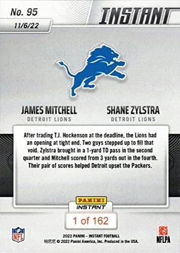 2022 Panini Instant Football 95 James Mitchell/Shane Zylstra Rookie Card Lions - Apenas 162 feitos!