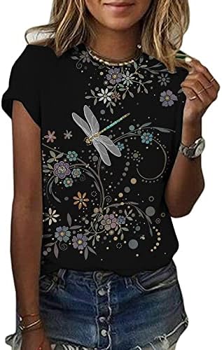 Camas T para mulheres casuais Butterfly Floral Impresso de verão de manga curta de manga curta Blouse Blouse Tops de camiseta