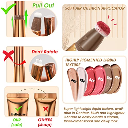 Varra de beleza de blush líquido befivecok, blush creme para bochechas com aplicador de almofada, acabamento orvalhado natural varia de blush líquido, maquiagem de blush de rubor leve misturável