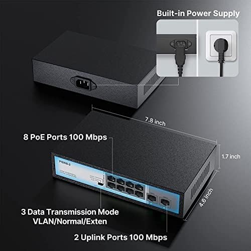 8 Port Poe Switch, 8 portas Poe+ 2 Uplink não gerenciado 100 Mbps Poe Switch, alto orçamento total de energia 120w, 803.af/At Commatiant,