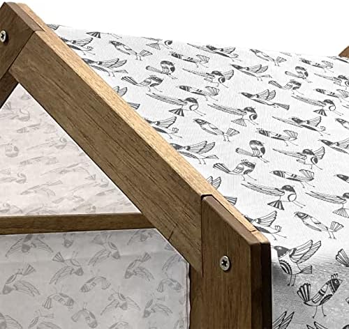Ambesonne Black and White Wooden Dog House, Birds de desenho animado de desenho ao estilo doodle com expressões engraçadas curiosas, canil portátil de cão portátil interno e externo com travesseiro e capa, 2x-grande, branco preto branco