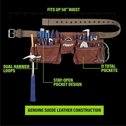 Awp Suede Leather General Construction Tool Bolet Apron | Cinturão de trabalho da organização de 11 bolsos | Brown | Se encaixa no tamanho da cintura de até 50