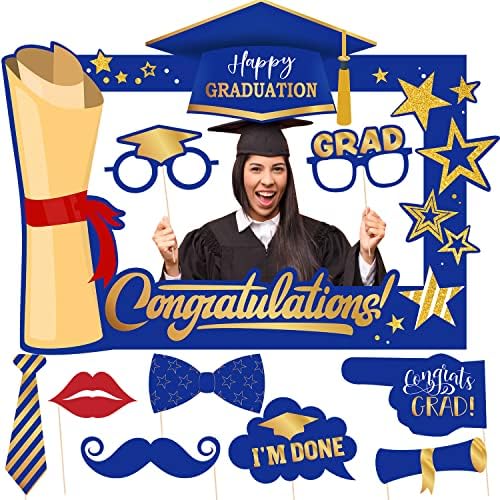 Photo Booth Props de graduação Class de 2023 Decoração de festa de formatura Blue e Gold Parabéns Photo Booth Frame e 9pcs Adeços de foto para o ensino médio e de formatura